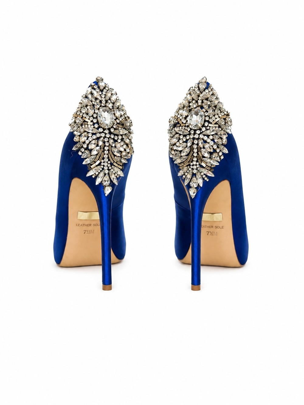 Badgley Mischka Royal Blue Satin Peep-Toe Stilettos with Crystal Heel Detail - Picture 2 of 4
